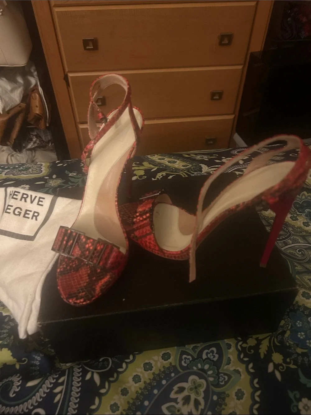 Herve Leger Red Snake-Print Stiletto Sandals